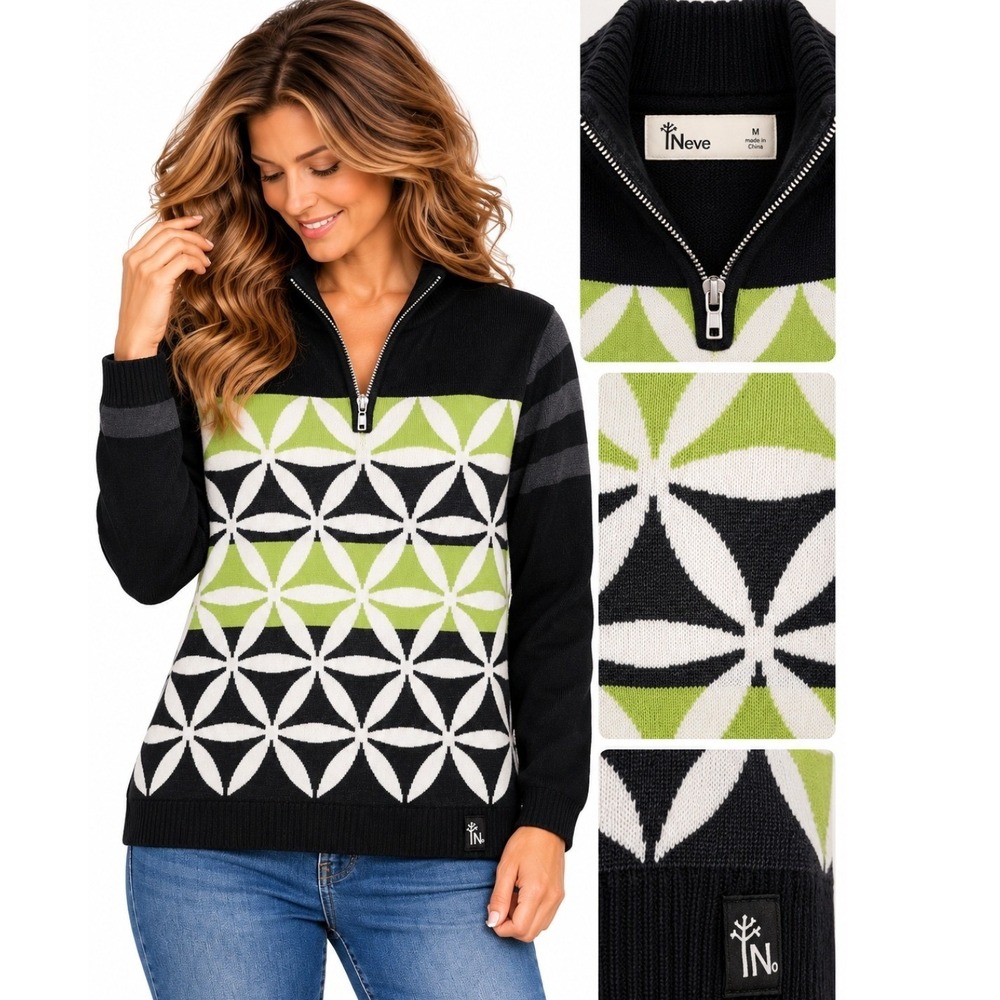 Neve Wool Pullover Sweater Black Green White Geometric Knit Quarter Zip Medium